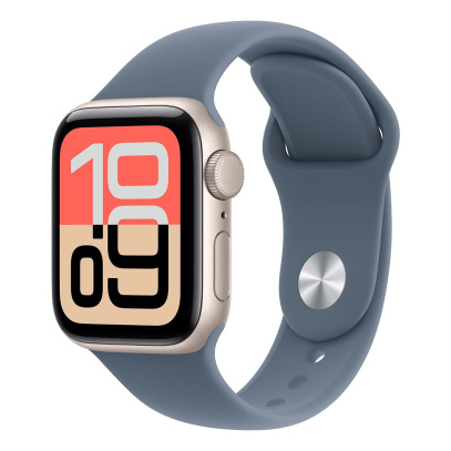 Apple Watch SE 3 (2025), 44 мм корпус из алюминия цвета «Starlight», ремешок Sport Band размера S/M цвета «Anchor Blue» Apple Watch SE 3 (2025), 44 мм корпус из алюминия цвета «Starlight», ремешок Sport Band размера S/M цвета «Anchor Blue»
