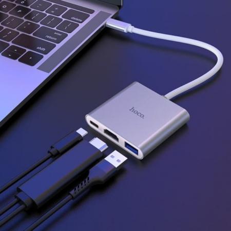 Хаб hoco. Easy use USB-C на USB3.0 + HDMI + PD (HB14) Серый Хаб hoco. Easy use USB-C на USB3.0 + HDMI + PD (HB14) Серый