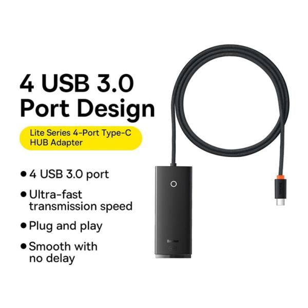 Хаб Baseus Lite Series 4-Port Type-C HUB Adapter 1 м (Type-C – USB 3.0*4) BS-OH016 (WKQX030401) Черный