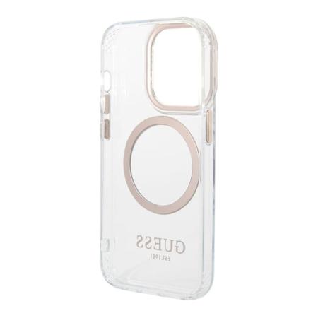 Чехол Guess для iPhone 15 Pro с MagSafe PC/TPU Metal outline Hard (GUHMP15LHTRMD) Transparent/Gold Прозрачный Чехол Guess для iPhone 15 Pro с MagSafe PC/TPU Metal outline Hard (GUHMP15LHTRMD) Transparent/Gold Прозрачный