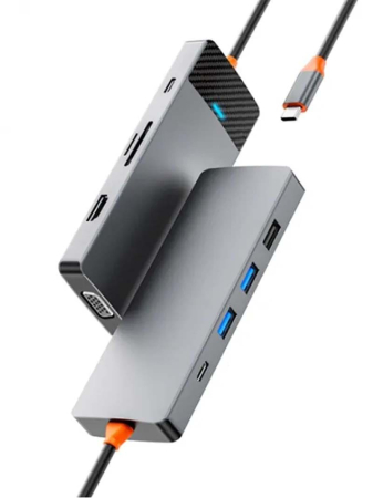 Хаб WiWU Linker Series Hub 9в1 (USB-C to USB3.0*2+USB2.0*1+SD/TF+PD+USB-C(3.0)+HDMI+VGA) (A921HV) Серый Хаб WiWU Linker Series Hub 9в1 (USB-C to USB3.0*2+USB2.0*1+SD/TF+PD+USB-C(3.0)+HDMI+VGA) (A921HV) Серый